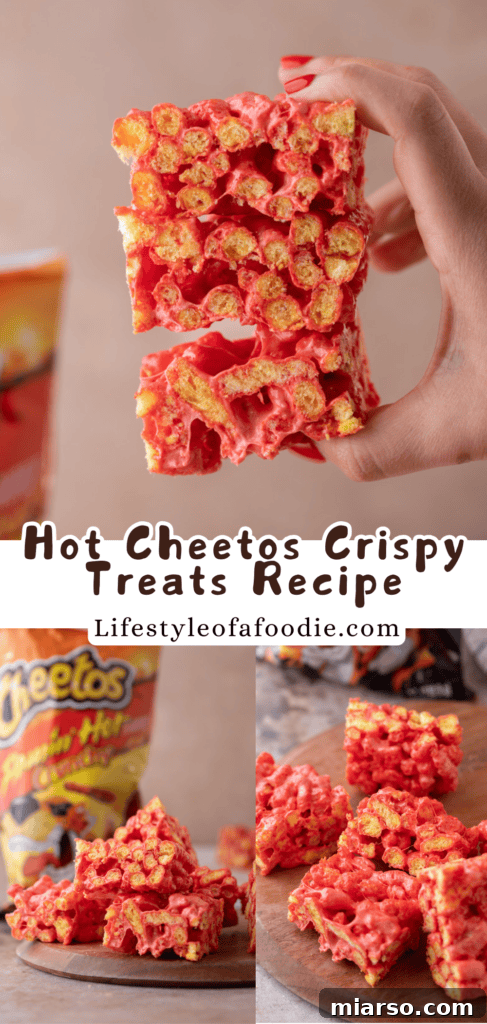 Hot Cheetos Marshmallow Crispy Treats recipe pinterest pin showing the treat.