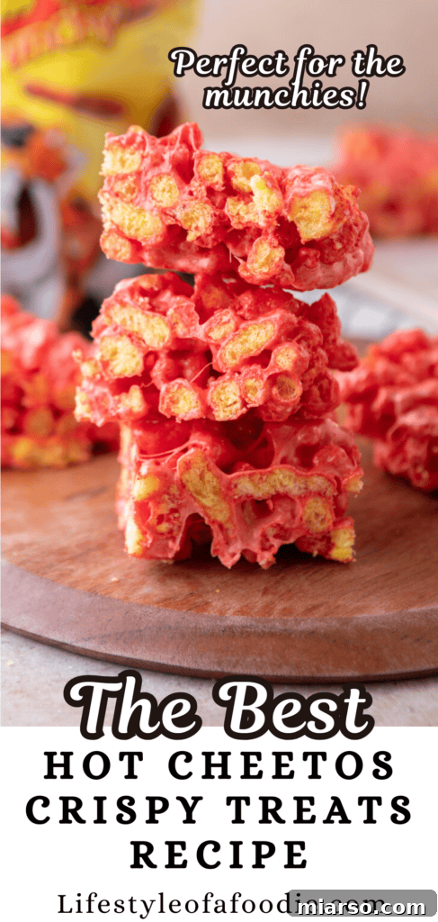 Another Hot Cheetos Marshmallow Crispy Treats recipe pinterest pin featuring the dessert.