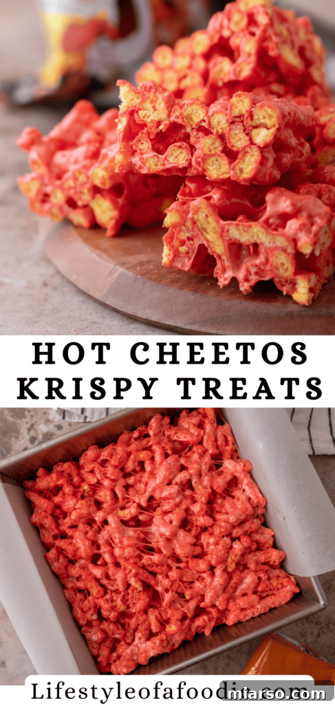 A third Hot Cheetos Marshmallow Crispy Treats recipe pinterest pin with a close-up shot.