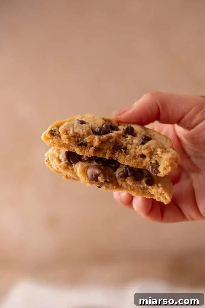 Peanut Butter Chocolate Chip Cookie being held up by hand