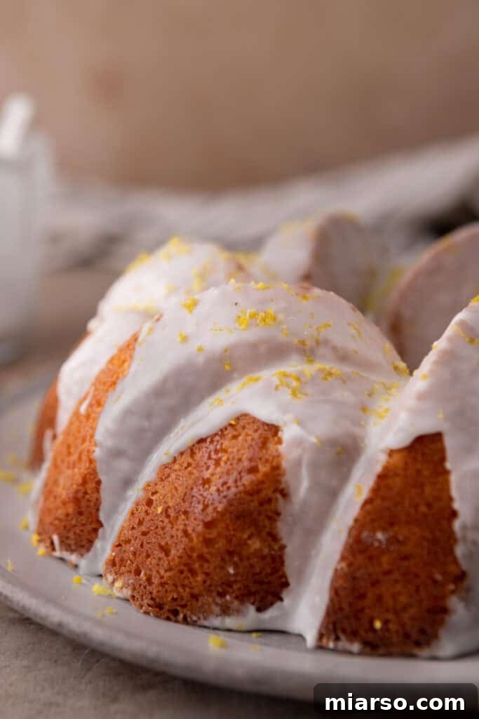 Another view of the beautifully glazed lemon bundt cake