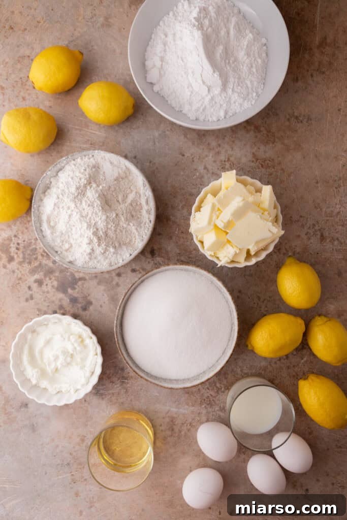 All the fresh ingredients neatly arranged, ready to be transformed into a delicious lemon bundt cake.