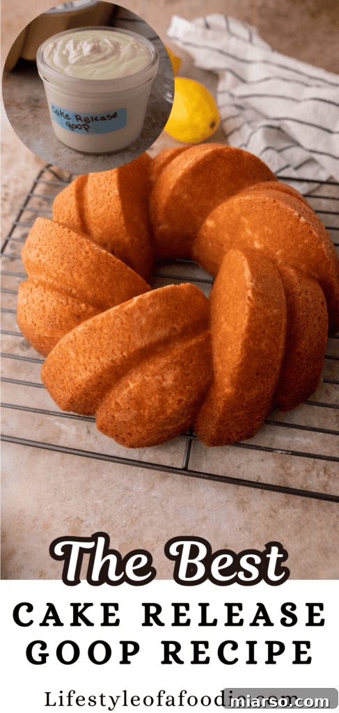 Pinterest pin demonstrating how to apply cake release to a Bundt pan.