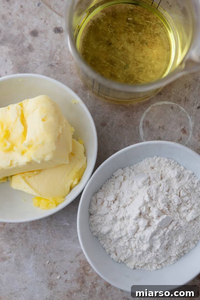 Three key ingredients for homemade cake release: flour, vegetable oil, and vegetable shortening.