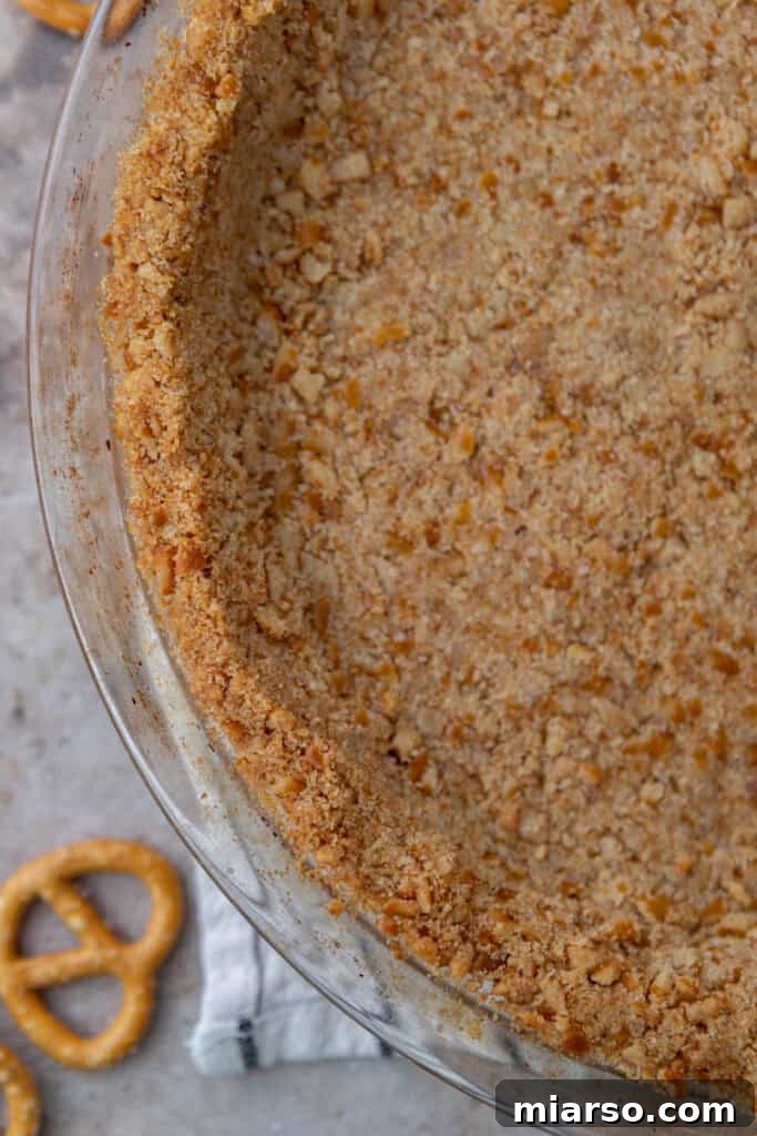 Ultimate Pretzel Pie Crust 13 Close-up overhead shot of a Pretzel Pie Crust, emphasizing its texture.