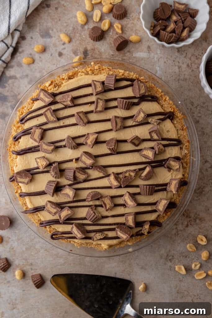A whole no-bake peanut butter pie resting in a white ceramic dish, unadorned and perfectly set, showcasing its smooth texture.