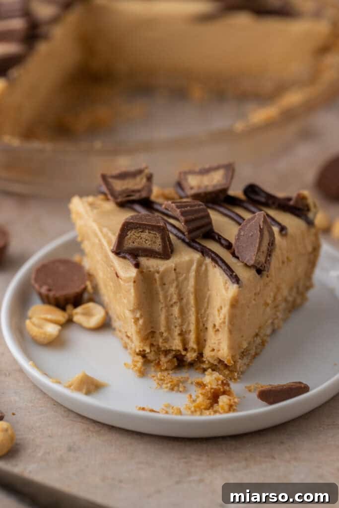 A close-up of a single slice of no-bake peanut butter pie on a white plate, showing the creamy filling and a thick crust, garnished with a chocolate drizzle and mini peanut butter cup.