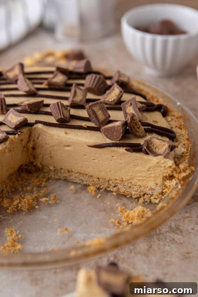 A freshly prepared no-bake peanut butter pie with a smooth, light brown filling in a crimped pie dish, ready for chilling.