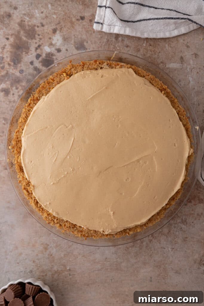The peanut butter filling spread smoothly into the graham cracker crust in the pie dish, prior to chilling.