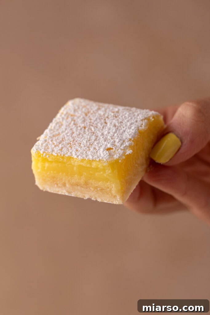 Small Batch Lemon Bars recipe held up by a hand