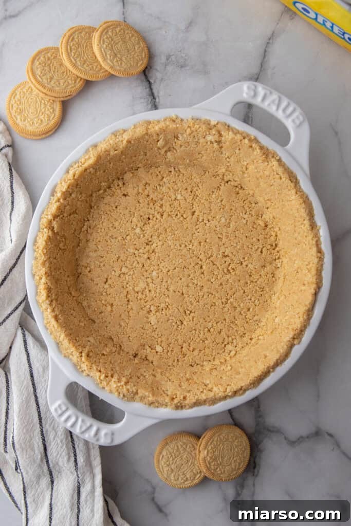 Golden Oreo Pie Crust Perfection 11 Another overhead view of the golden Oreo pie crust, beautifully uniform and inviting, ready for its sweet destiny.