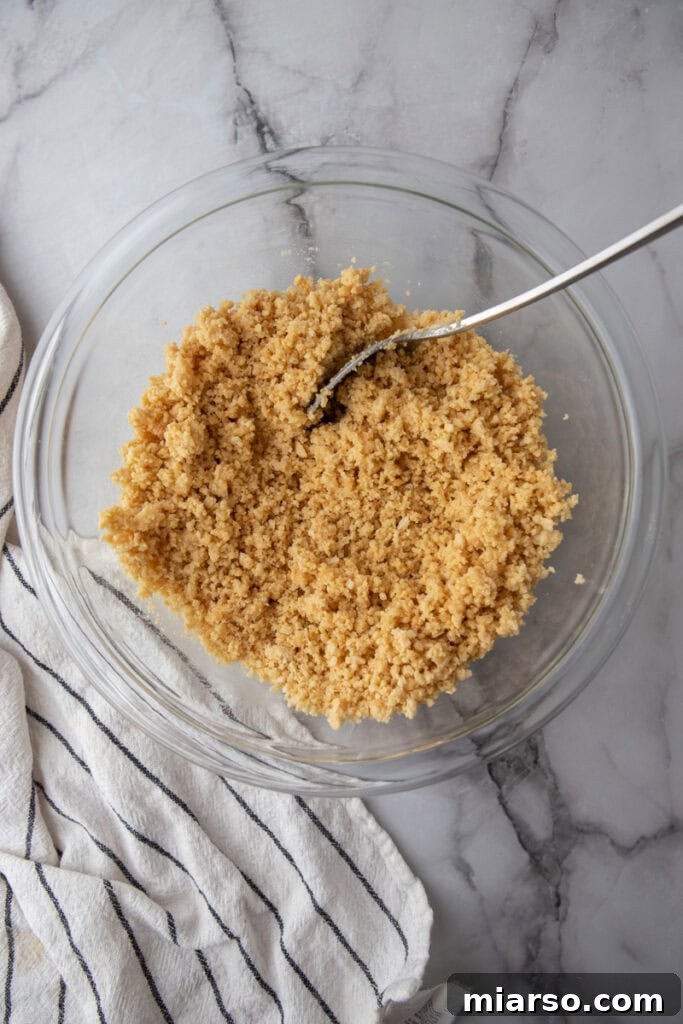 Golden Oreo Pie Crust Perfection 6 Golden Oreo crumbs mixed with melted butter, demonstrating the cohesive, wet sand-like consistency.