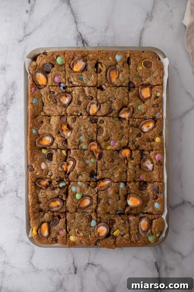 Baked cookie bars in the pan, fresh out of the oven.