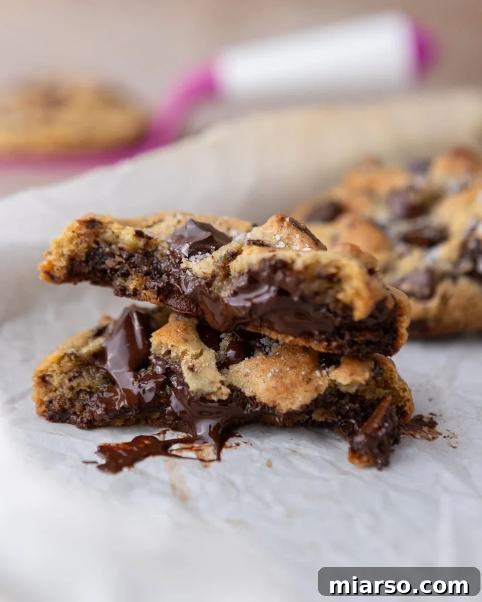 Velvety Soft Cream Cheese Chocolate Chip Cookies 2 Soft cream cheese chocolate chip cookies broken open with melted chocolate and thick, gooey centers