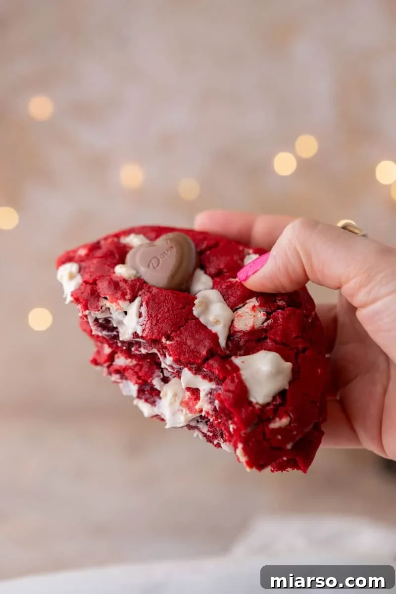 Bitten single serve red velvet cookie with white chocolate chunks and a soft, chewy center