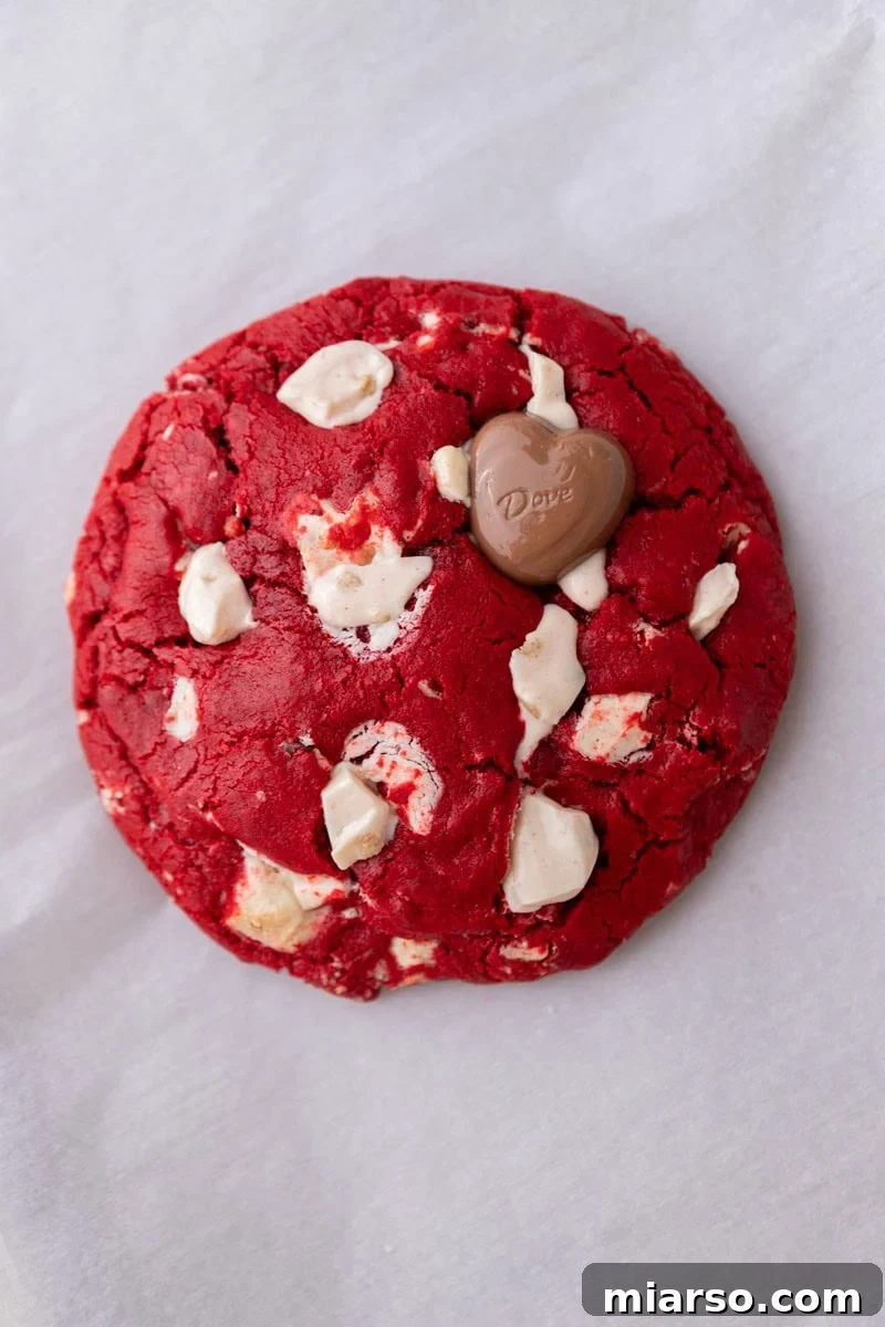 Single serve red velvet cookie with white chocolate chunks and a glossy cracked top