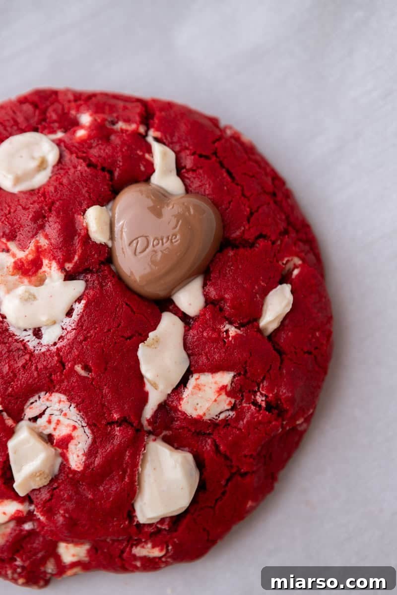 Single serve red velvet cookie with white chocolate chunks and a cracked glossy top