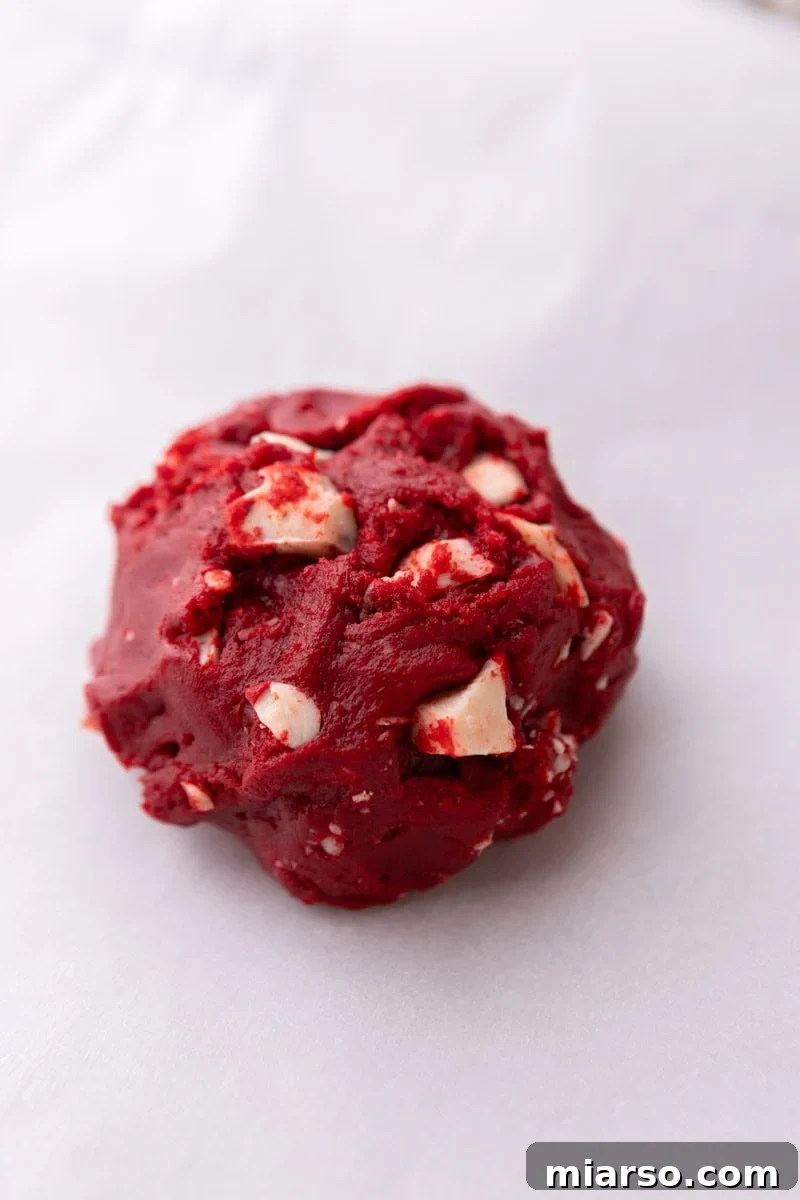 Unbaked single serve red velvet cookie dough on parchment paper