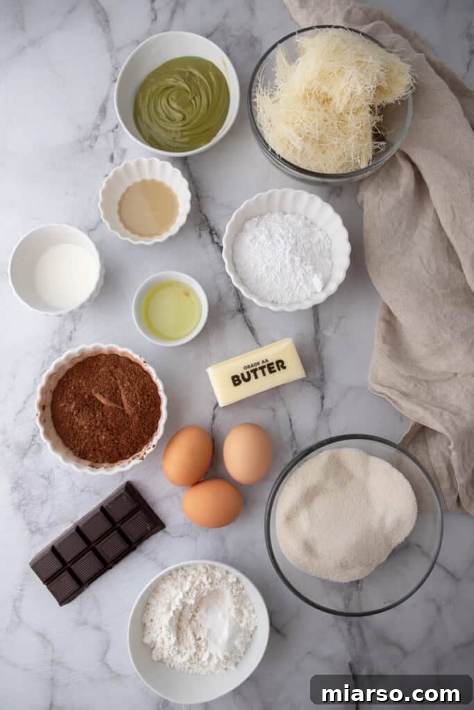 Dubai's Viral Pistachio Kunafa Brownies 3 Dubai Chocolate Brownies Recipe ingredients laid out