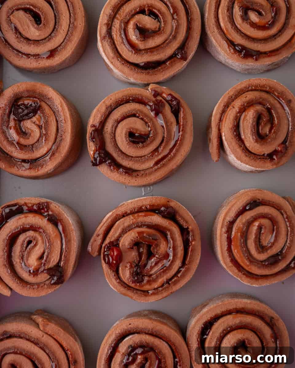 Unbaked Black Forest cinnamon rolls filled with chocolate and cherry filling