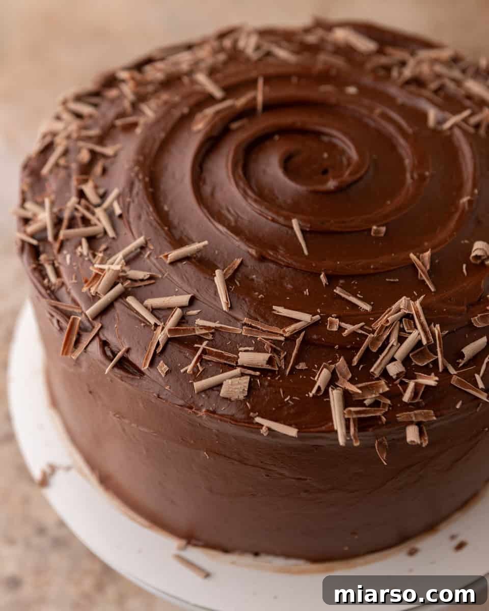 Chocolate beet cake frosted and decorated with chocolate shavings