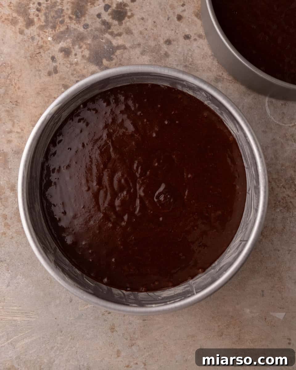 Chocolate cake batter poured into a round cake pan