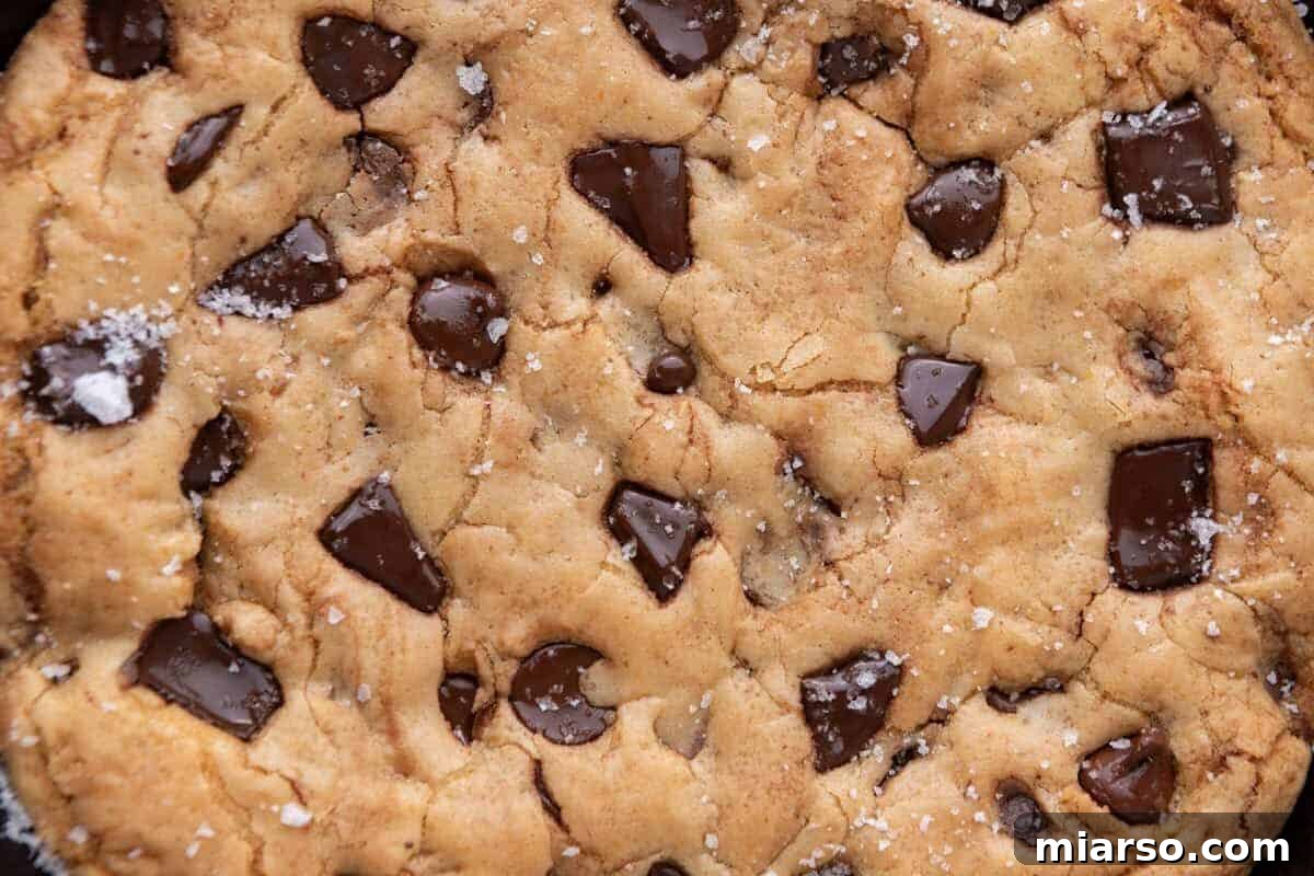 Nutty Brown Butter Chocolate Chip Skillet Cookie 11 Close-up of the baked surface of a thick skillet cookie showing melted chocolate pools, a golden crackly top, and flaky sea salt crystals
