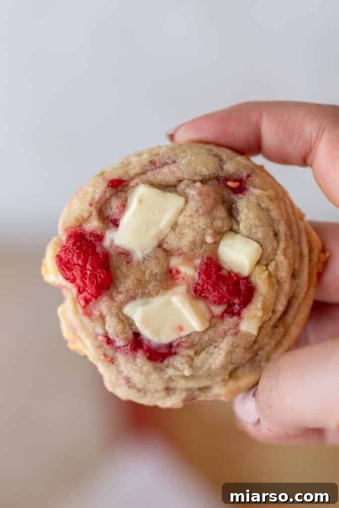 Effortless Easter Treats for Spring Gatherings 4 A hand holds a chewy raspberry white chocolate chip cookie, revealing generous chunks of white chocolate and fresh raspberries baked within.