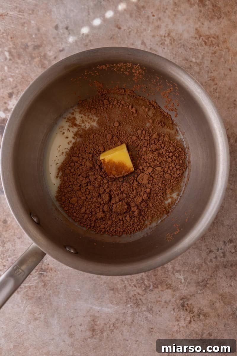 A saucepan with cocoa powder, a pat of butter, and condensed milk before heating