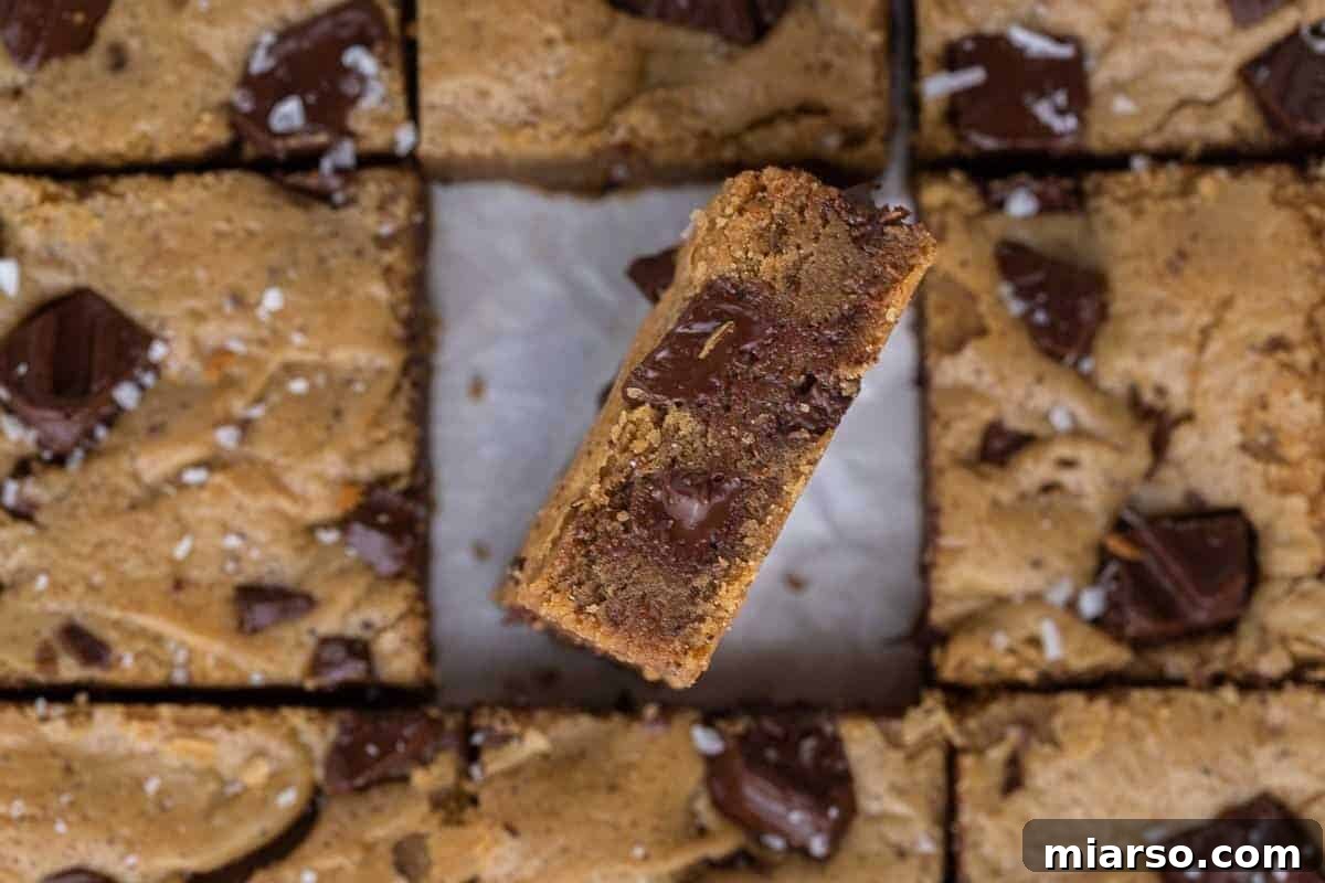 Overhead view of glistening brown butter chocolate chip blondies, neatly sliced into squares, with one piece tilted to showcase its chewy, fudgy interior studded with luscious melted chocolate chunks.