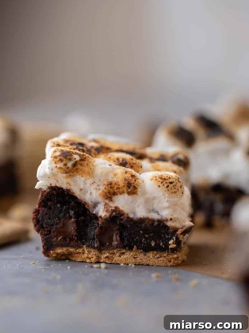 A luscious S'mores brownie bar, clearly displaying its three delectable layers: a crunchy graham cracker crust base, a rich fudgy chocolate brownie middle, and a perfectly toasted marshmallow topping.