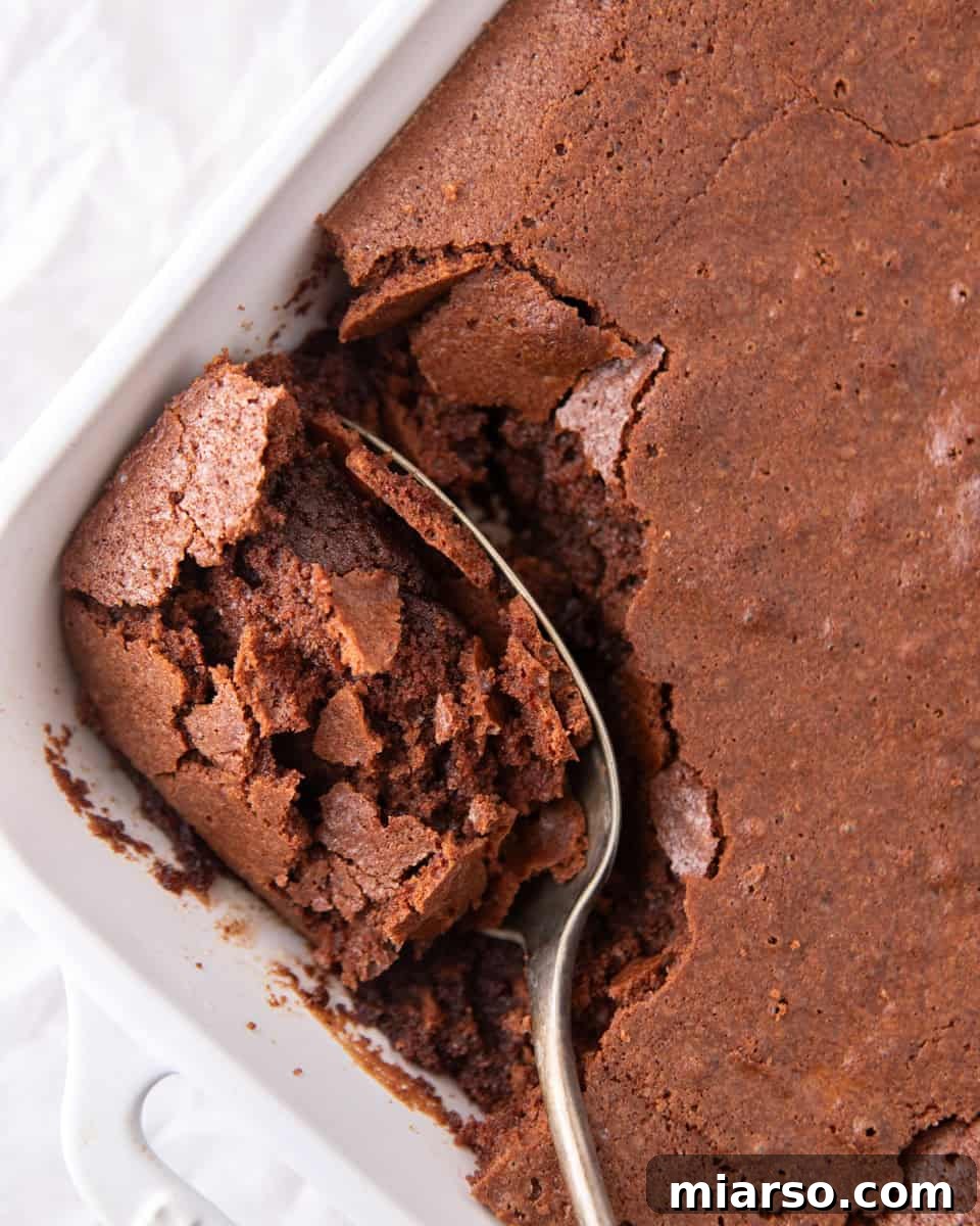 Ina Garten's famous brownie pudding presented in a white baking dish, with a spoon elegantly scooping out the rich, fudgy, spoonable center nestled beneath its chewy brownie top.