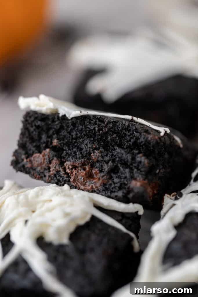Midnight black cocoa brownies adorned with a delicate white chocolate spider web drizzle, revealing their intensely dark, fudgy interior and dramatic chocolate color.