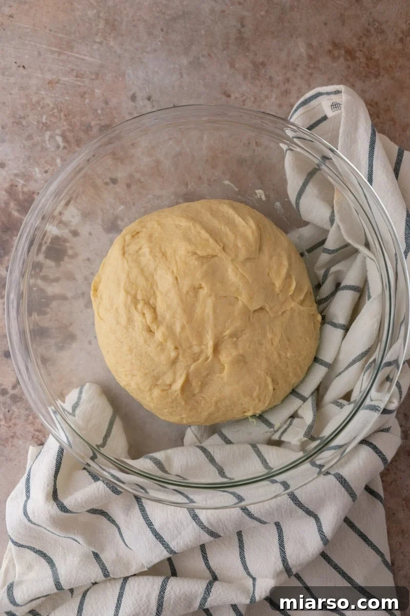 Smooth ball of lemon brioche dough in a glass bowl before first rise