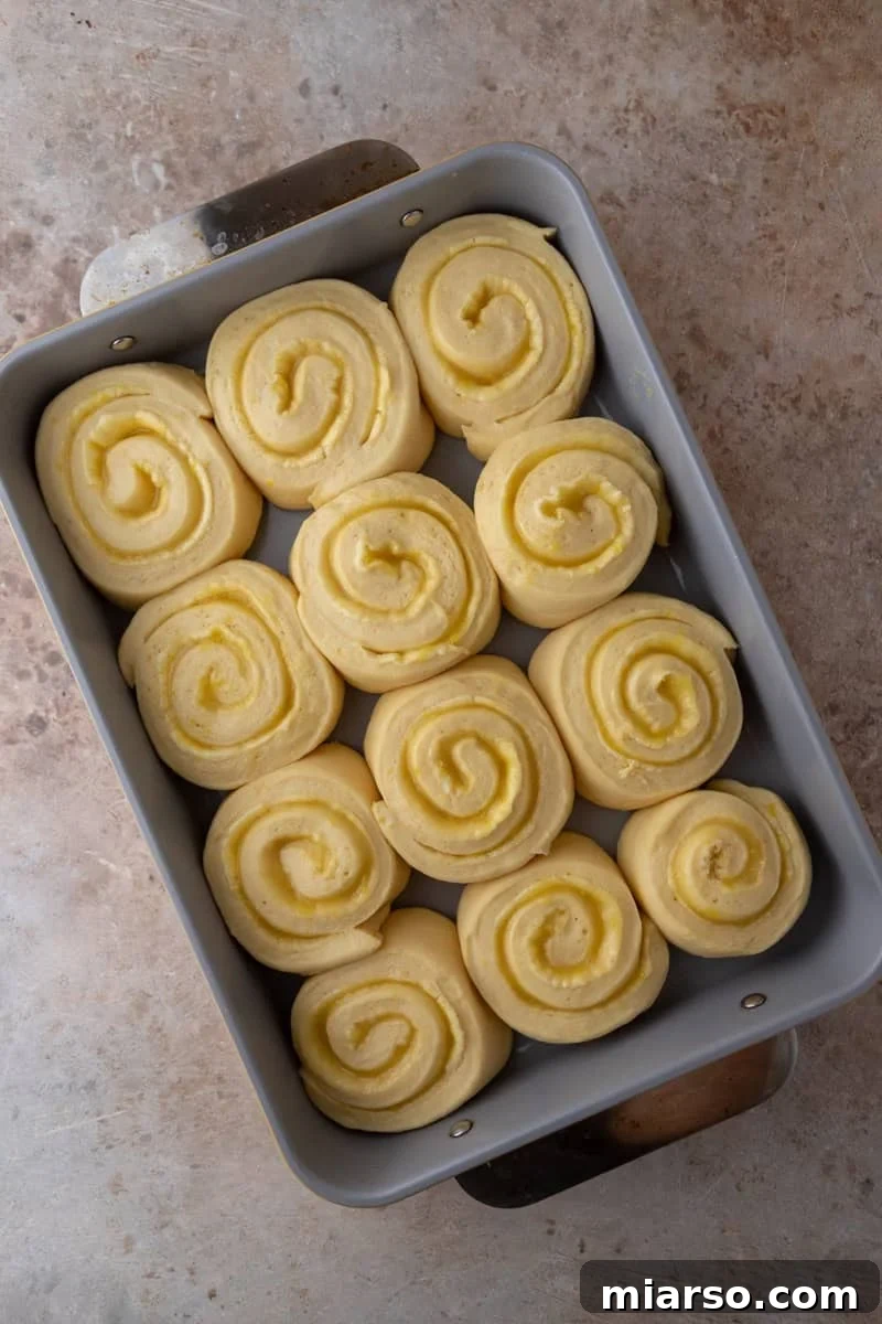 Lemon cinnamon rolls proofed and puffed in a grey baking pan ready to go in the oven
