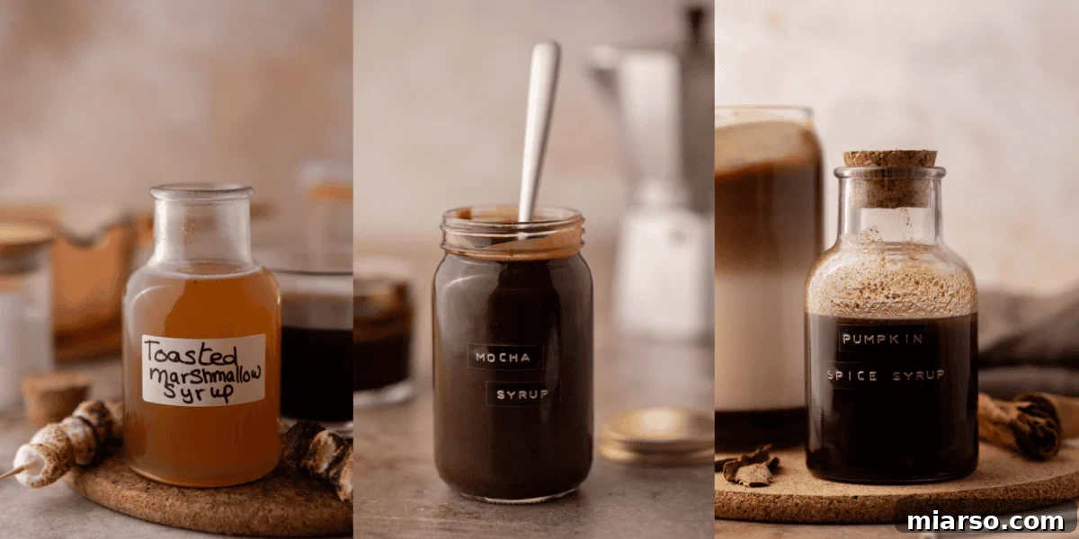Three glass jars containing homemade coffee syrups: toasted marshmallow, mocha, and pumpkin spice, perfect for various coffee creations.