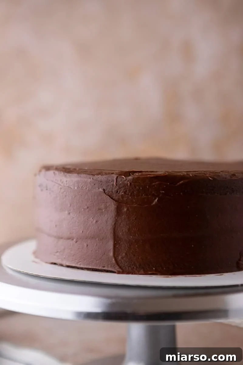 Ultimate Moist Marble Layer Cake with Rich Chocolate Cream Cheese Frosting 12 Layered marble cake with a crumb coat of chocolate cream cheese frosting on a cake turntable