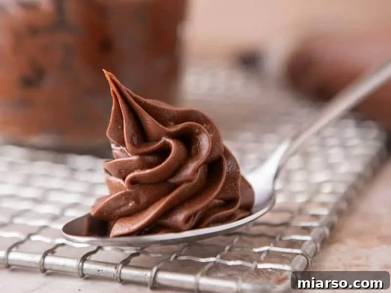 Velvety Chocolate Cream Cheese Indulgence 9 Chocolate cream cheese frosting swirled on a spoon showing the fudgy, silky texture