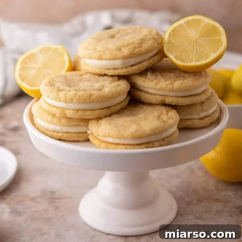 Stack of lemon sandwich cookies with cream cheese frosting filling on a white cake stand with fresh lemon halves.