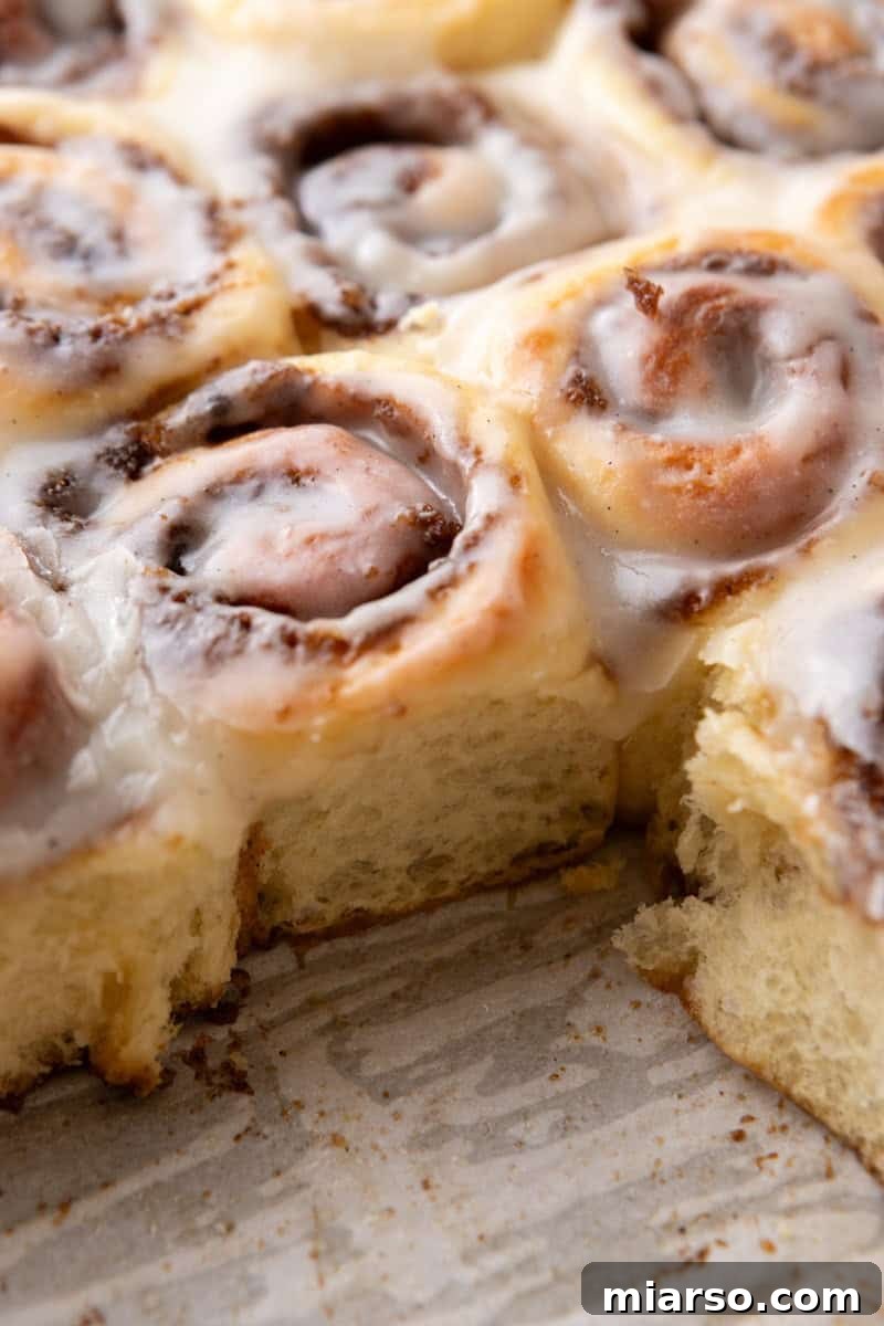 Close up side view of mini cinnamon rolls showing soft fluffy texture and layers