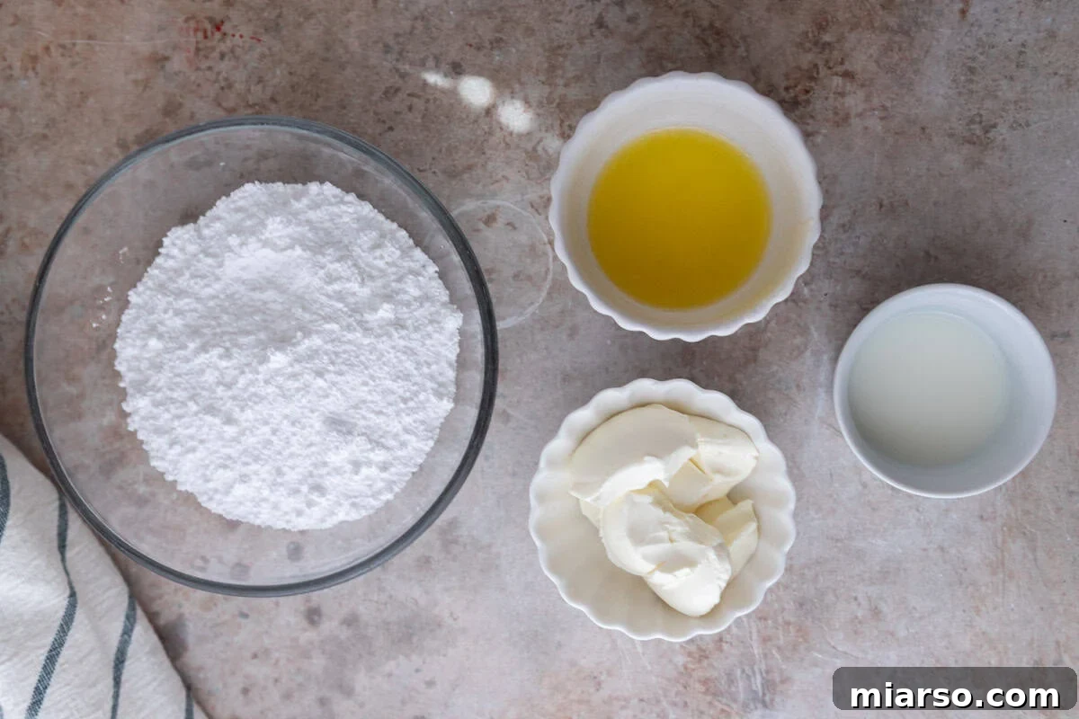 Cream cheese glaze ingredients including powdered sugar, melted butter, cream cheese, and milk