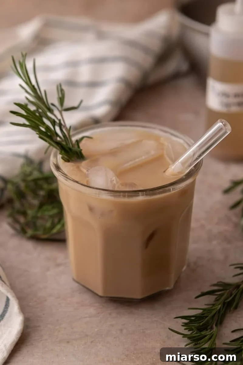 Iced rosemary latte in a glass mug with a fresh rosemary sprig garnish and glass straw