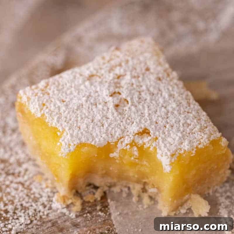 Classic lemon bar with buttery shortbread crust and tart lemon curd filling dusted with powdered sugar