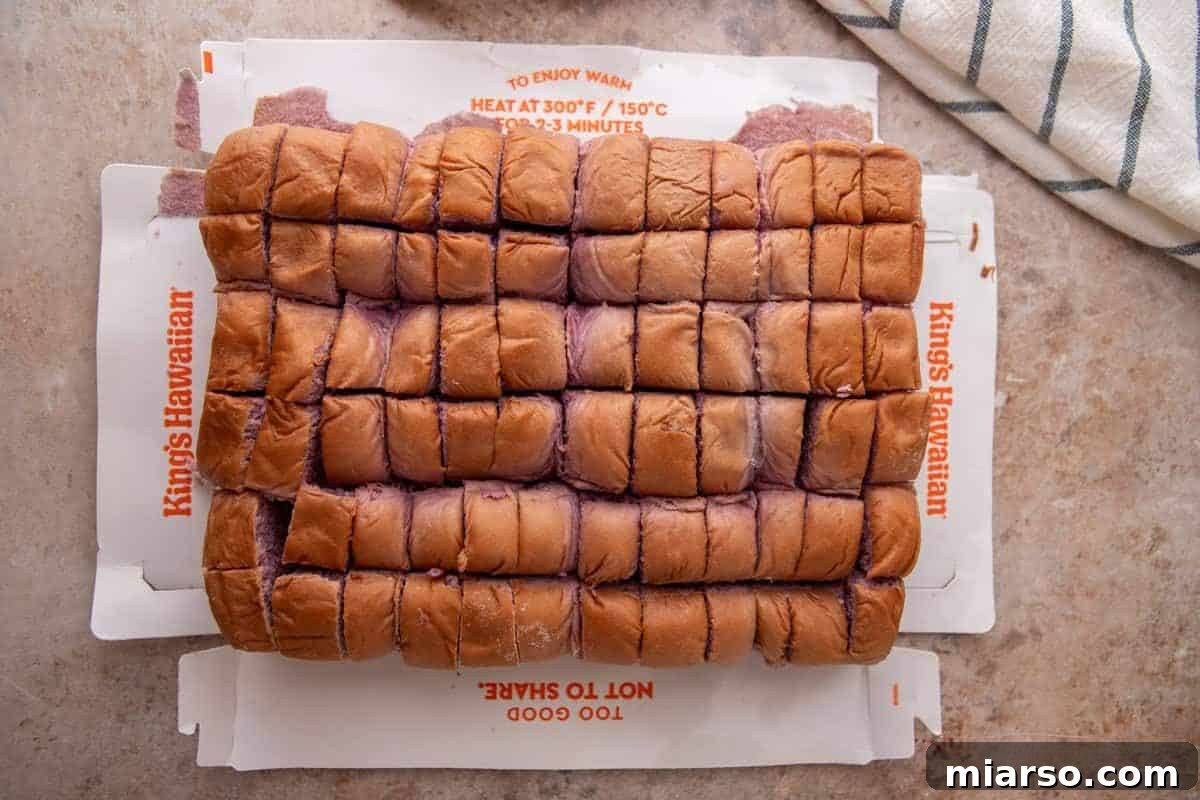 King's Hawaiian Ube Coconut rolls pre-sliced into cubes still in their original packaging