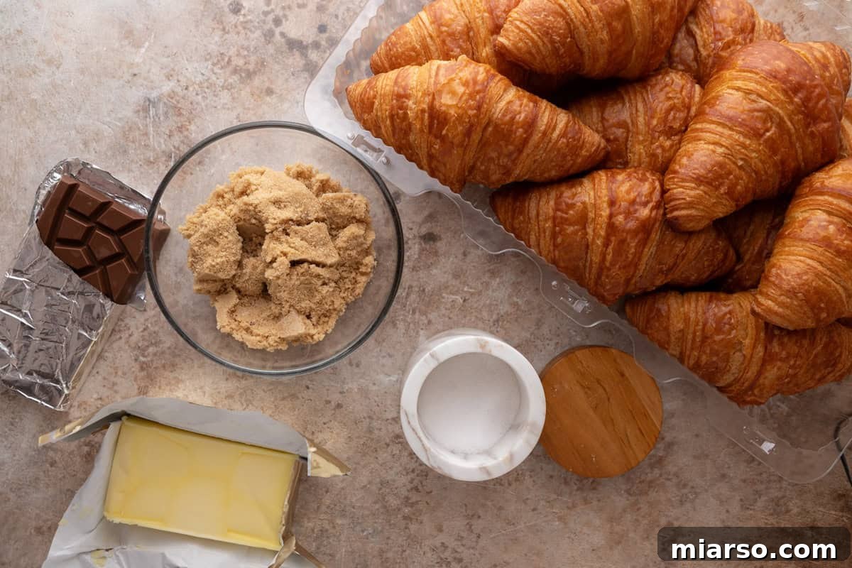 Croissant Christmas crack ingredients: croissants, brown sugar, butter, chocolate bar, and salt