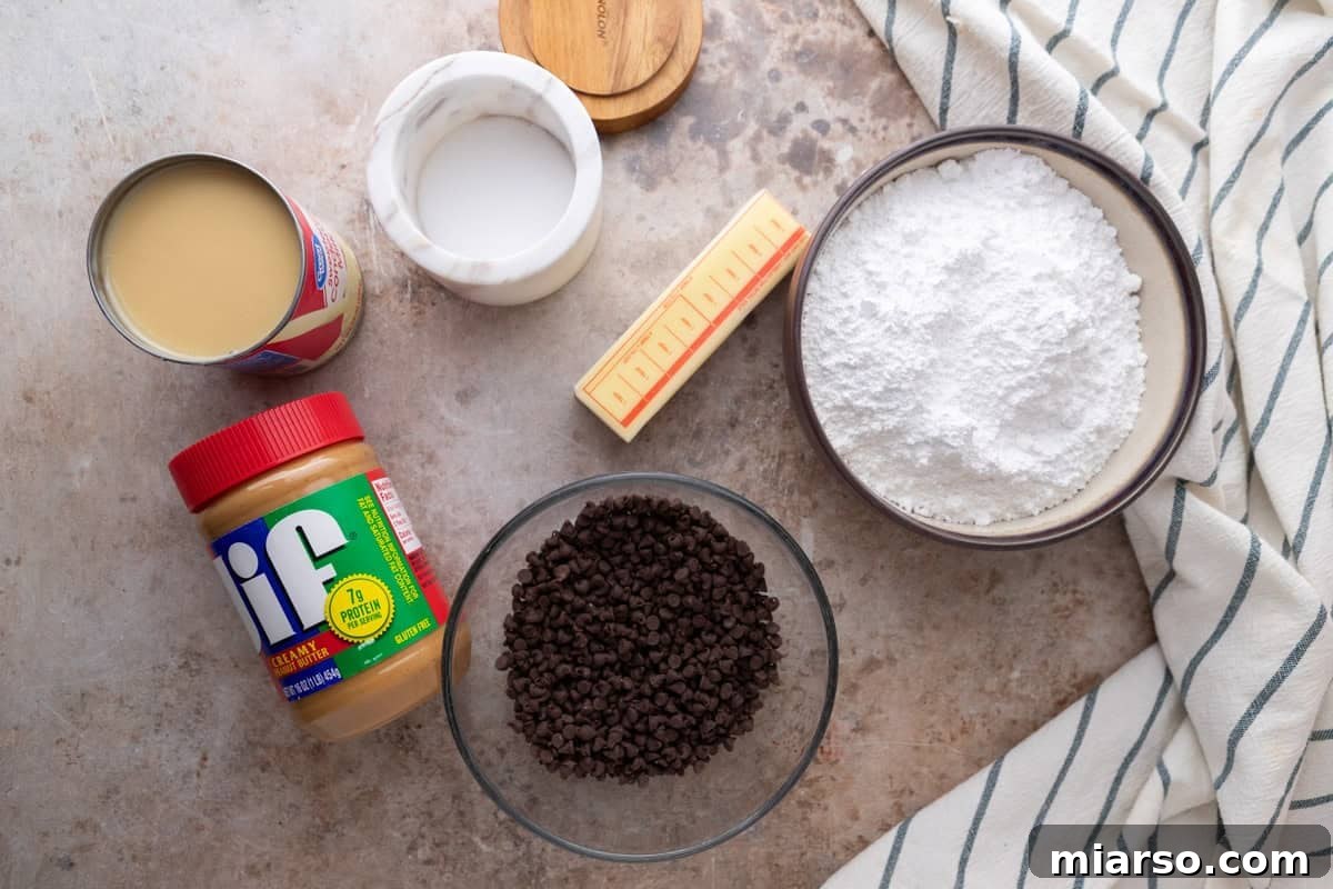 Buckeye fudge ingredients including peanut butter, condensed milk, powdered sugar, and chocolate chips