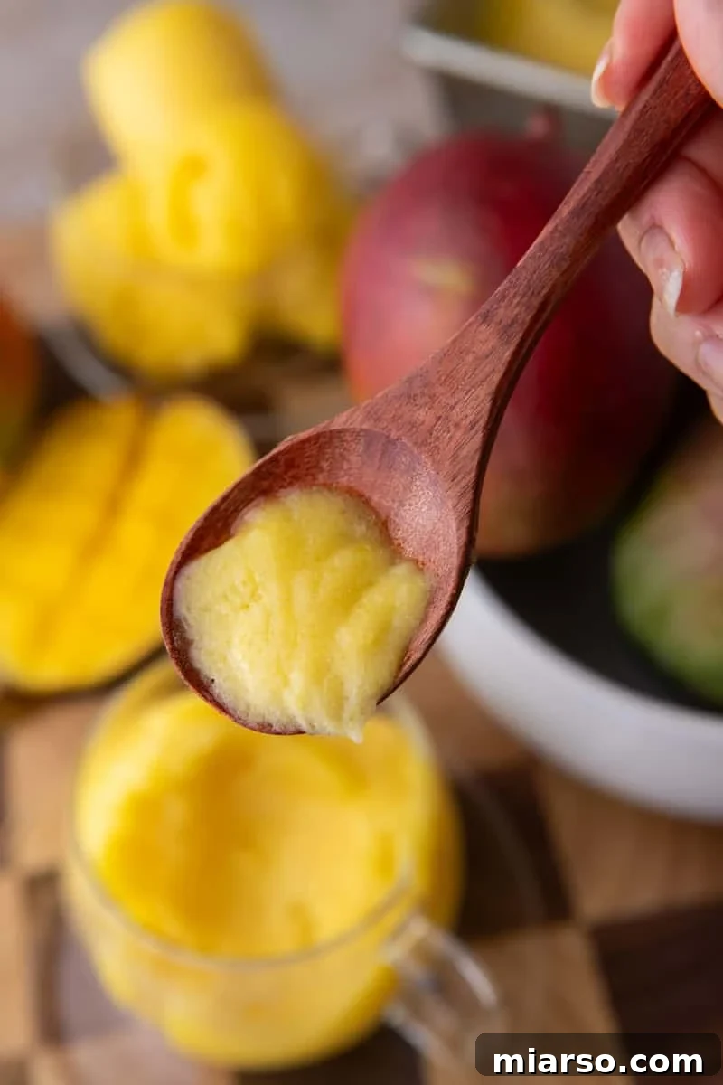 A wooden spoon holding a creamy bite of mango sorbet