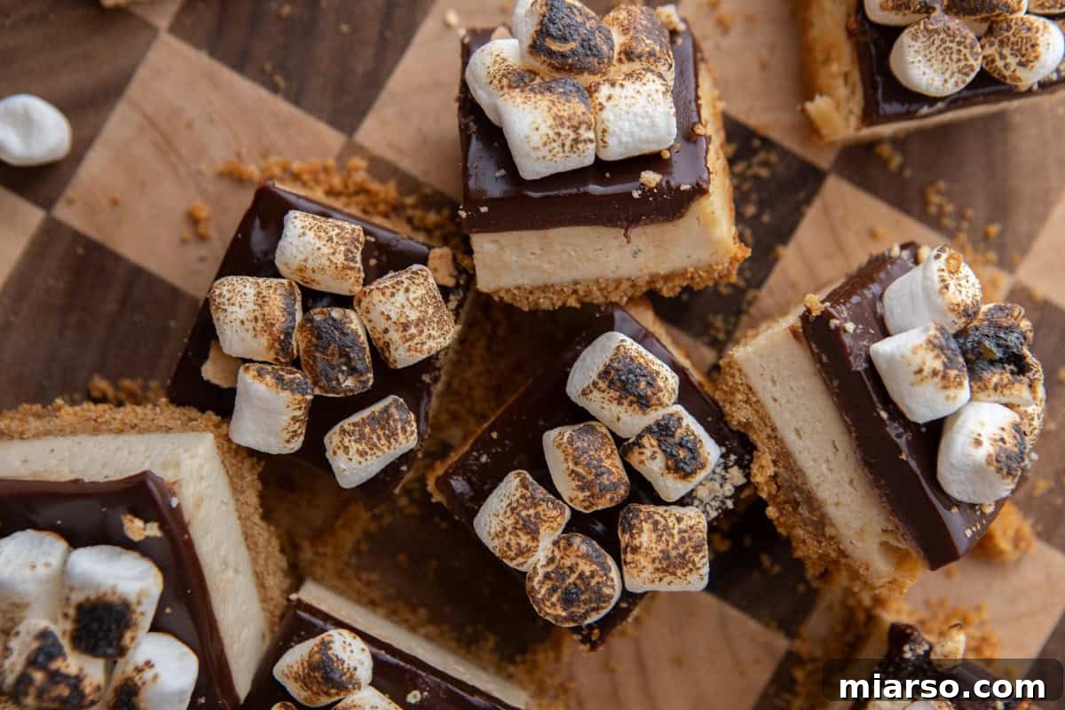 Overhead view of toasted marshmallow s'mores cheesecake bars on a wood board with chocolate ganache and charred marshmallows