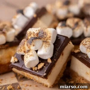 A single s'mores cheesecake bar topped with toasted mini marshmallows and crushed graham crackers on a wooden checkerboard board