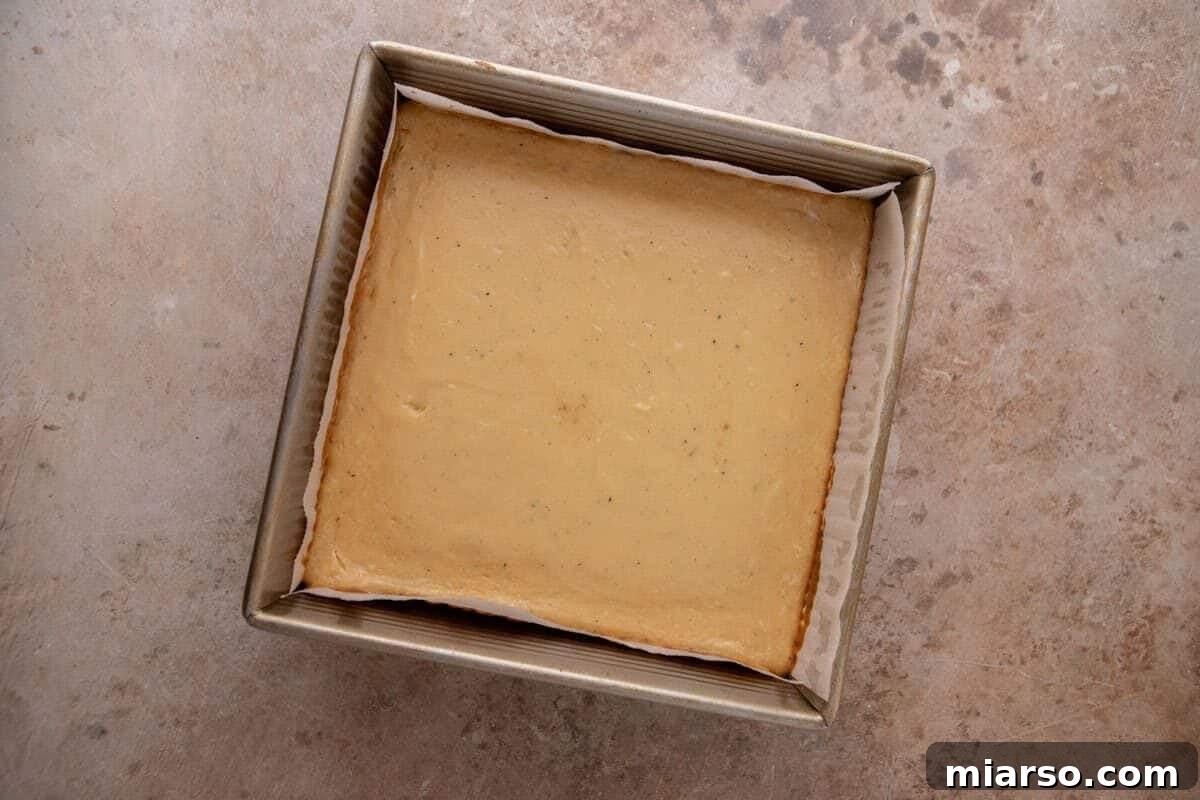 Baked s'mores cheesecake bars cooled in the pan, set and ready for the chocolate ganache layer